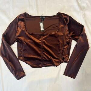 PrettyLittleThing Chocolate Brown Velvet Long Sleeve Top – Size 16 NWT